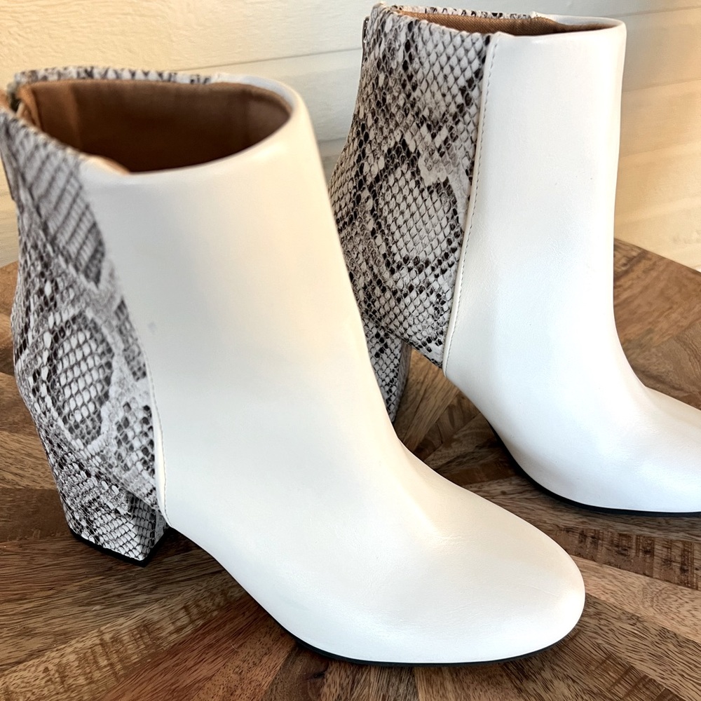 White and Faux Snakeskin Booties